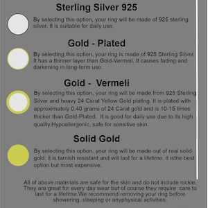 May include: Image detailing ring material options: Sterling Silver 925, Gold-Plated, Gold-Vermeil, and Solid Gold. Each option is described, including suitability for daily use and hypoallergenic properties. Includes the brand logo.