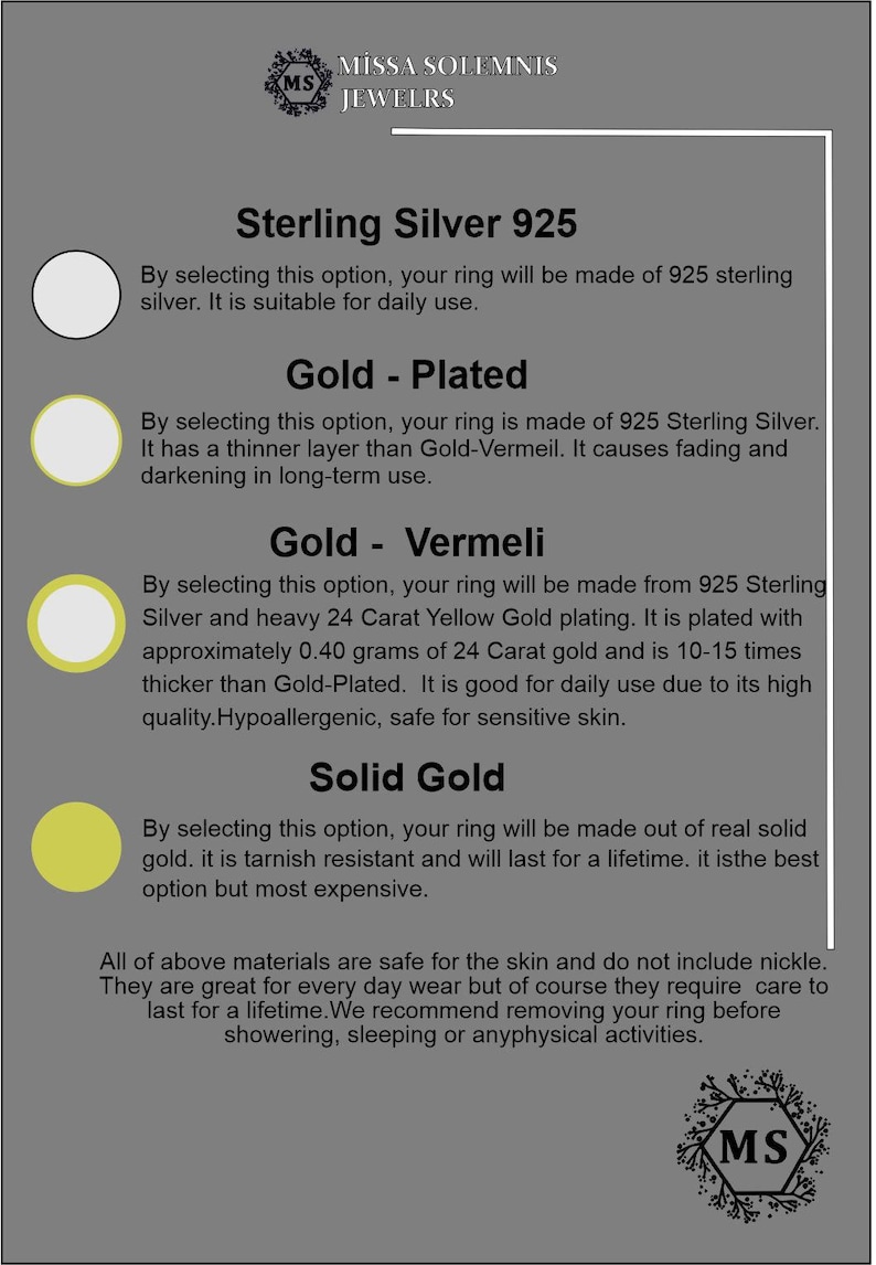 May include: Image detailing ring material options: Sterling Silver 925, Gold-Plated, Gold-Vermeil, and Solid Gold. Each option is described, including suitability for daily use and hypoallergenic properties. Includes the brand logo.