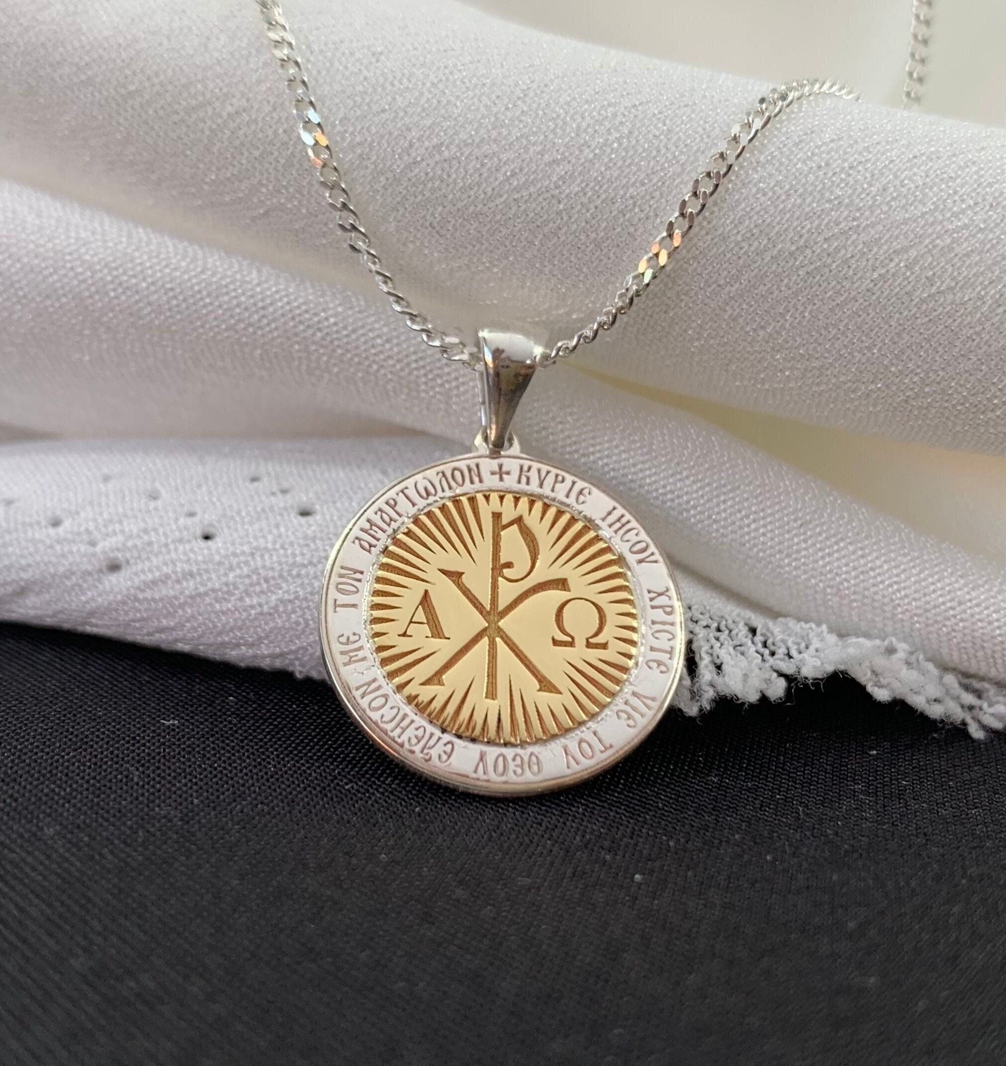 Silver Chi Rho Alpha Omega Necklace, Christianity Symbol Necklace for Women and Men