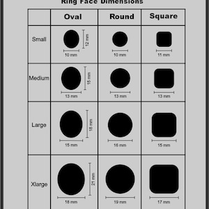 May include: A chart from Missa Solemnis Jewelrs detailing ring face dimensions. It presents oval, round, and square shapes in small, medium, large, and xlarge sizes, with measurements in millimetres.