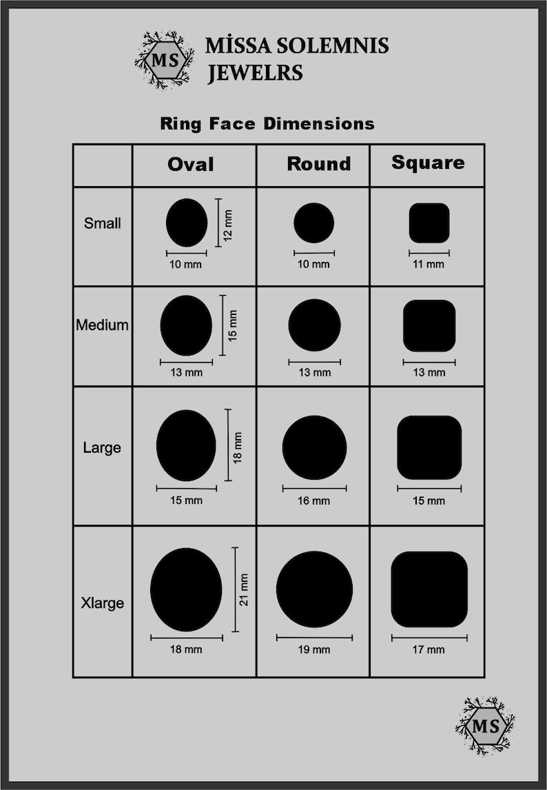 May include: A chart from Missa Solemnis Jewelrs detailing ring face dimensions. It presents oval, round, and square shapes in small, medium, large, and xlarge sizes, with measurements in millimetres.