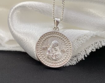 シルバー両面聖母マリア像ネックレス、IC XC NIKAネックレス（女性と