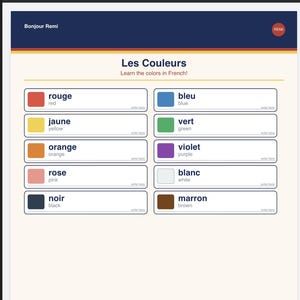 May include: An educational worksheet titled Bonjour Remi and Les Couleurs Learn the colors in French. It features ten rectangular boxes, each containing a colored square, the French color name, its English translation, and a line to write here.