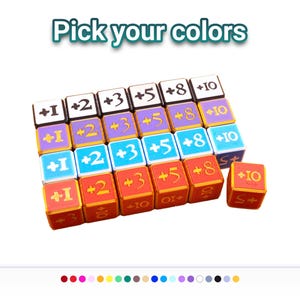 May include: A collection of square game tokens arranged in four rows, each featuring a plus sign followed by numbers 1, 2, 3, 5, 8, and 10. The rows are white, purple, blue, and red. The text "Pick your colors" appears above the tokens.