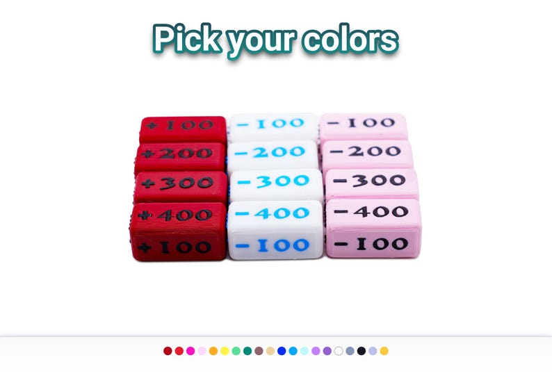 The 100-400 Attack Increase and Decrease Markers shown in Ruby/Black, White/SkyBlue, and Bubble Gum/Black. All against a white background, showing that you can pick your own color combination