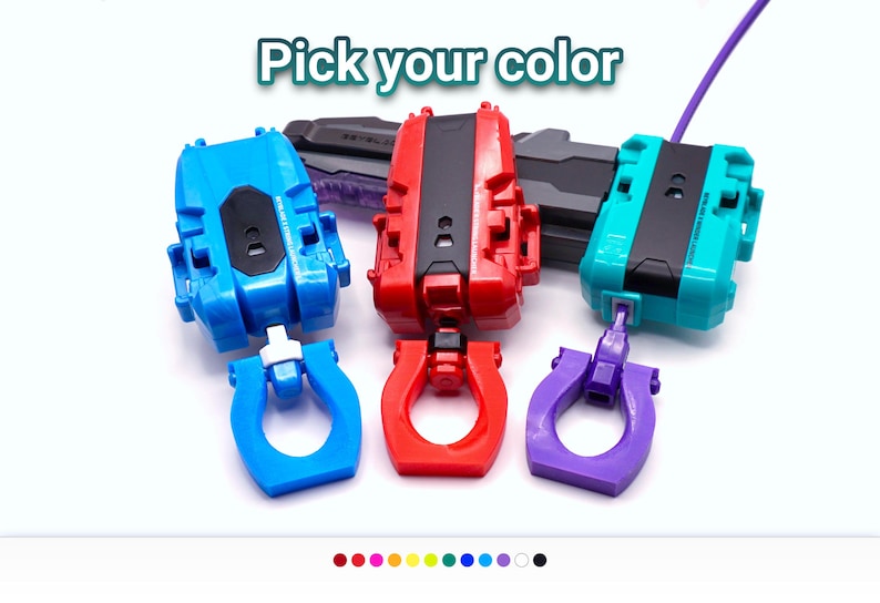 Beyblade X Slip Grip for string and winder launchers, showing the Sky blue, Cherry, and Purple color options on their respective color matching launchers.
