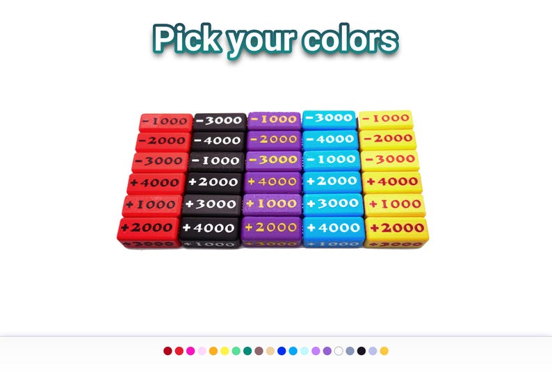 May include: A set of rectangular game tokens in red, black, purple, blue, and yellow, arranged in five columns. Each token features gold-coloured numerical values with plus or minus signs. The text "Pick your colours" appears above the tokens.