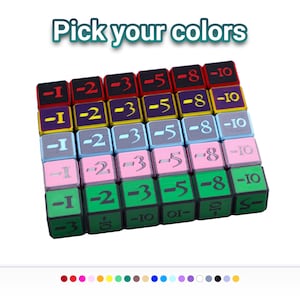 May include: A grid of twenty-five square game dice arranged in five rows and five columns. Each die features a negative number from -1 to -10 in a stylized font. The dice are colored in rows of red, yellow, gray, pink, and green.