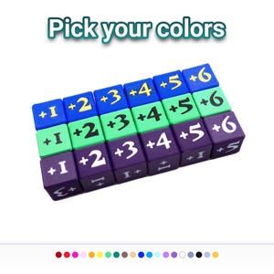 May include: A set of eighteen square blocks arranged in three rows of six, featuring the text Pick your colors at the top. The blocks are blue, green, and purple, each marked with a plus sign and a number from one to six in various fonts.