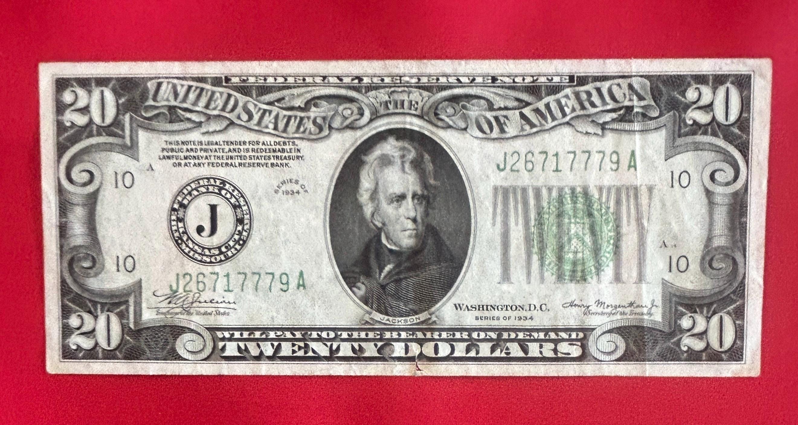 1934 Twenty 20 Dollar Federal Reserve Note Lime Green Seal No