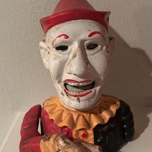Vintage Cast Iron Jester Clown Humpty Dumpty Mechanical Metal Coin Bank 7&quot; Tall 1960’s