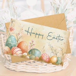 May include: A Happy Easter greeting card with a watercolor illustration of colorful Easter eggs and spring flowers. The card is on a brown envelope.