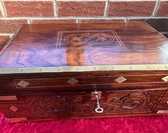Victorian Jewelry Box: Arts & Crafts Wood Trinket Box with Brass Inlay