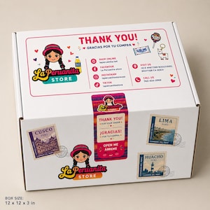 May include: A white cardboard shipping box measuring 12 x 12 x 3 inches. The top features a La Peruanita Store logo, contact details, and social media icons. A colorful sticker seals the box, and three postage-style stamps depict Cusco, Lima, and Huacho.