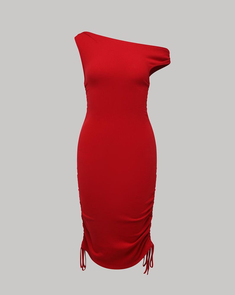 One Shoulder Printed Red Mini Dress