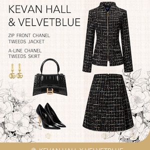 May include: A black tweed jacket with a zip closure and a matching black tweed skirt. The outfit is styled with black heels, a black handbag, and gold earrings. The text "KEVAN HALL & VELVETBLUE" is at the top of the image. The text "ZIP FRONT CHANEL TWEEDS JACKET" and "A-LINE CHANEL TWEEDS SKIRT" are below the image. The text "KEVAN HALL X VELVETBLUE" is at the bottom of the image.