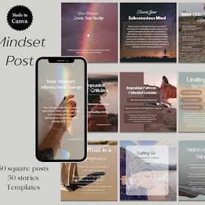 May include: A collection of social media templates for mindset posts, including 50 square posts and 50 stories. The design features a phone displaying a rainbow effect and text like "Your Mindset Affects Your Energy."