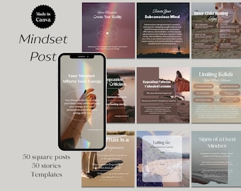 Paquete de publicaciones de Instagram para coaches de mentalidad: plantillas editables de Canva, marketing en redes sociales, imagen de marca para coaches de vida, paquete de contenido para influencers.