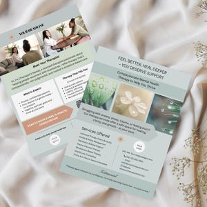 May include: Two brochures in light green and peach tones, advertising mental health therapy. One features a photo of people in a meeting, the other has images of plants and water droplets. Text includes "Feel Better, Heal Deeper - You Deserve Support" and service details.