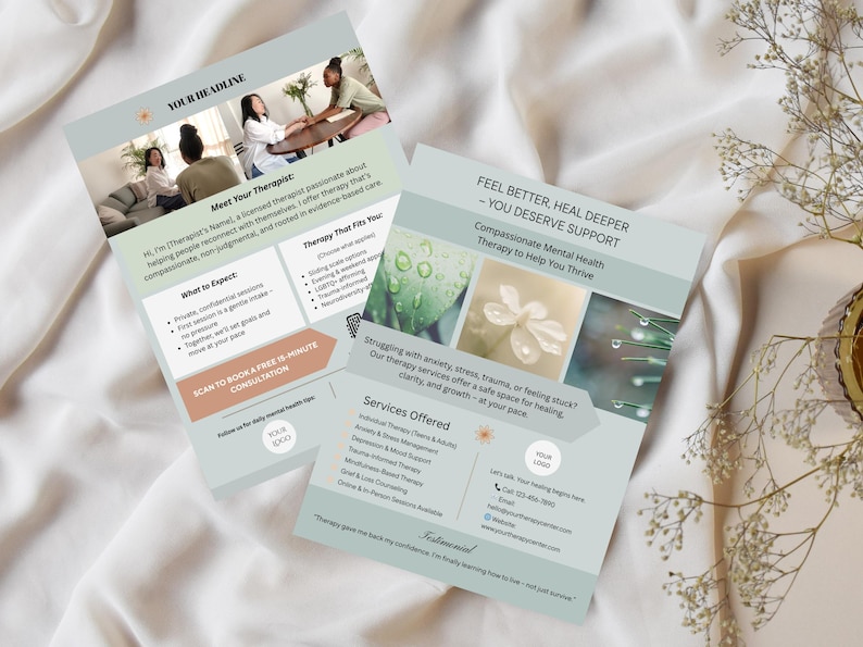 May include: Two brochures in light green and peach tones, advertising mental health therapy. One features a photo of people in a meeting, the other has images of plants and water droplets. Text includes "Feel Better, Heal Deeper - You Deserve Support" and service details.