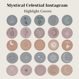 Pode incluir: Conjunto de 24 capas de destaque do Instagram com designs celestiais e místicos. As capas são em tons de bege, marrom e cinza com contornos brancos. Os designs incluem cristais, luas, estrelas e corpos celestes.