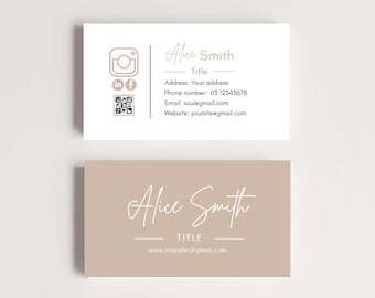 Plantilla de tarjeta de presentación minimalista bohemia, tarjeta de doble cara con código QR, plantilla editable de Canva, tarjeta de presentación imprimible DIY, descarga instantánea