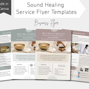 Puede incluir: Un conjunto de plantillas de folletos de servicios de curación por sonido en varios colores. Los folletos presentan imágenes de cuencos cantores y el texto "Sound Healing Service Flyer Templates" y "Business Flyer."