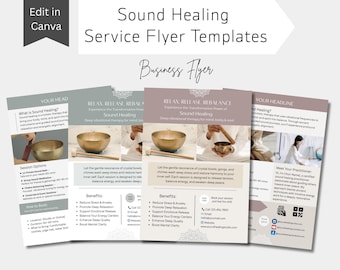 Plantillas de volantes de terapia sonora, folleto editable de Canva sobre terapia sonora, volante de doble cara sobre baño de sonido, marketing de bienestar y sanación holística.