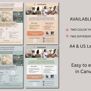 May include: A promotional graphic for mental health therapy services. The design includes two colour themes and two different sizes, A4 and US Letter. The text includes "Feel Better, Heal Deeper - You Deserve Support" and "Easy to edit in Canva."