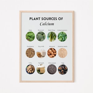 Tableau des sources d&#39;aliments riches en calcium d&#39;origine végétale, Guide de la valeur nutritive imprimable, Aliments de référence, Guide d&#39;alimentation saine, Téléchargement instantané au format PDF