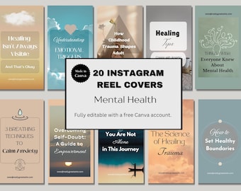 Portadas de Instagram Reels sobre salud mental, plantillas de Canva (descarga digital)