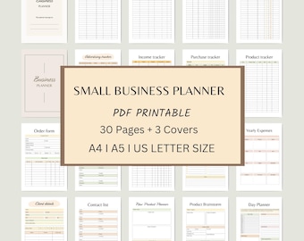 May include: A printable small business planner with 30 pages and 3 covers. The planner includes sections for sales tracking, expense tracking, income tracking, purchase tracking, product tracking, order forms, client details, contact lists, product brainstorming, and daily planning. The planner is available in A4, A5, and US Letter sizes.