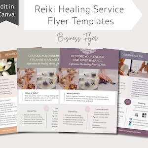 Può includere: Una raccolta di modelli di volantini per i servizi di guarigione Reiki. I volantini presentano un fiore di loto bianco, immagini di sessioni di guarigione e il testo "Ripristina la tua energia, trova l'equilibrio interiore".