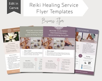 Plantillas de volantes de sanación con Reiki, folleto editable de terapia energética en Canva, volante de servicio de Reiki de doble cara, marketing de bienestar y sanación holística.