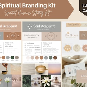 Könnte beinhalten: Ein spirituelles Branding-Kit in neutralen Farbtönen mit dem Text "Spiritual Branding Kit" und "Soul Academy". Enthält Logo-Vorlagen, Moodboards und Visitenkarten-Designs. Der Satz "Edit in Canva" ist ebenfalls sichtbar.