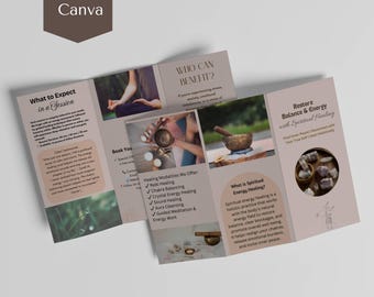 Plantilla de folleto tríptico de sanación energética espiritual / Plantilla editable de Canva / Volante de sanación holística / Folleto de servicios de sanación energética