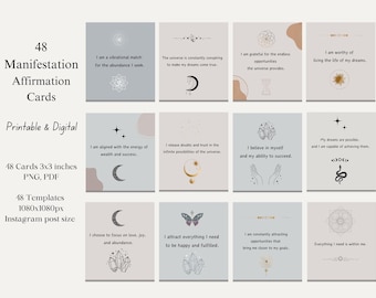 Mazos de tarjetas de afirmaciones imprimibles para la manifestación, plantillas editables de Canva, 48 publicaciones de Instagram con afirmaciones espirituales, descarga instantánea.