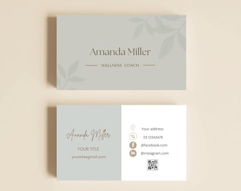 Plantilla de tarjeta de presentación de bienestar floral / Tarjeta de marca editable de doble cara en verde salvia / Plantilla Canva inspirada en la naturaleza / Descarga digital