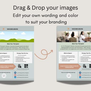 May include: Two digital marketing templates for a therapist, with the text "Drag & Drop your images, Edit your own wording and colour to suit your branding". The templates include sections for "Meet Your Therapist" and "What to Expect".