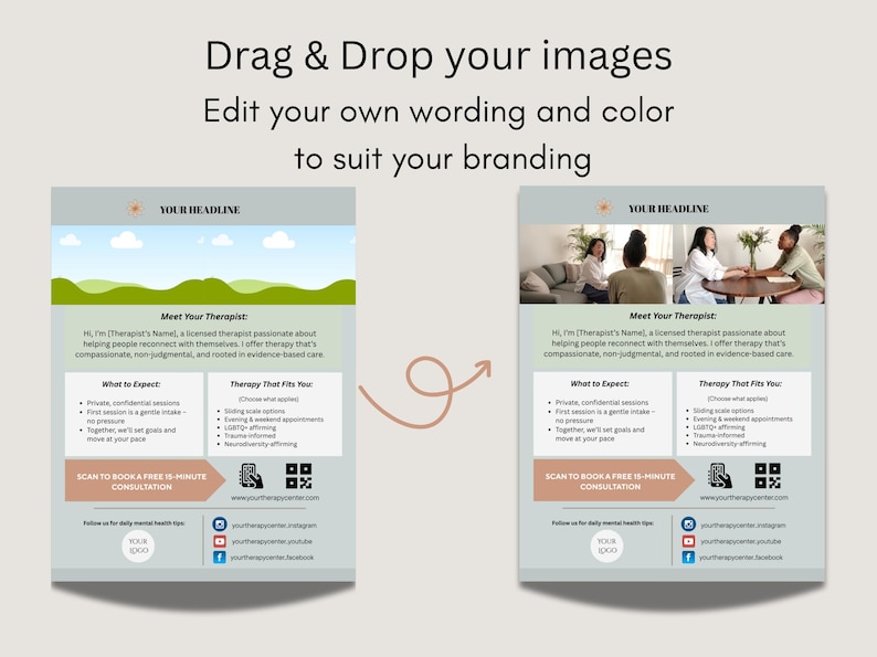 May include: Two digital marketing templates for a therapist, with the text "Drag & Drop your images, Edit your own wording and colour to suit your branding". The templates include sections for "Meet Your Therapist" and "What to Expect".