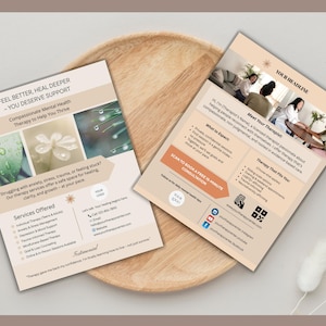 May include: Two beige flyers with text and images are displayed on a wooden tray. The flyers promote compassionate mental health therapy. One flyer has text that reads "Feel Better, Heal Deeper - You Deserve Support". The other flyer has the headline "Your Headline".