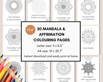 30 páginas para colorear de afirmaciones de mandalas, atención plena y amor propio (descarga instantánea en PDF)