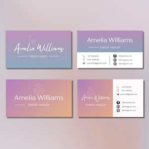 Könnte beinhalten: Visitenkarten mit einem Farbverlaufshintergrund in Lila, Orange und Blau. Die Karten tragen den Namen "Amelia Williams" und den Titel "Energy Healer". Kontaktinformationen umfassen Telefonnummer, E-Mail und Social-Media-Konten.