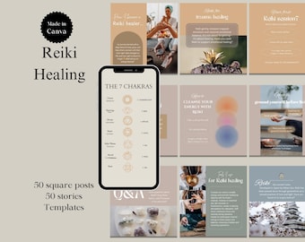 Plantillas de publicaciones de Instagram sobre sanación con Reiki, paquete de sanación editable en Canva