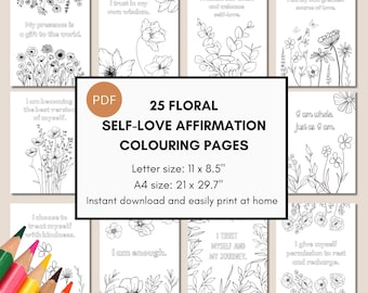 Afirmaciones de amor propio para imprimir / Páginas para colorear florales para adultos / Atención plena y alivio del estrés / Frases positivas / Descarga instantánea en PDF