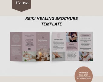 Plantilla de folleto tríptico de sanación Reiki, folleto editable en Canva para sanadores de Reiki, folleto de bienestar holístico, folleto de descarga instantánea