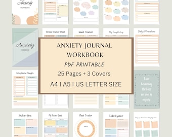 May include: Printable anxiety journal workbook with pastel coloured pages and covers. The workbook includes pages for tracking mood, thoughts, affirmations, and self-care goals. The title of the workbook is "Anxiety Journal Workbook" and the text "PDF Printable 25 Pages + 3 Covers A4 I A5 I US LETTER SIZE" is also included.