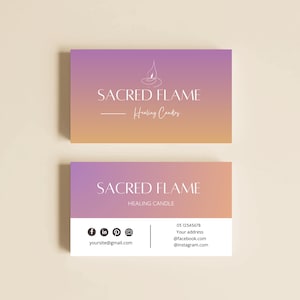 Può includere: Due biglietti da visita con uno sfondo sfumato viola e arancione. La carta in alto recita "SACRED FLAME - Healing Candles" in testo bianco. La carta in basso recita "SACRED FLAME - HEALING CANDLE" con icone di social media e informazioni di contatto.