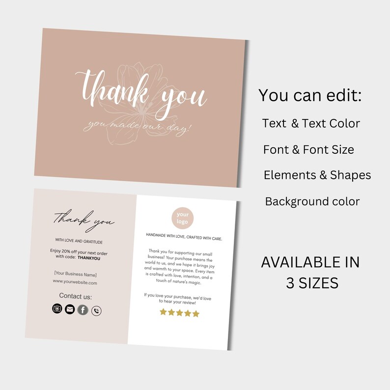Thanks Section Editable Business Thank You Card Template, Floral Double-sided Purchase ...