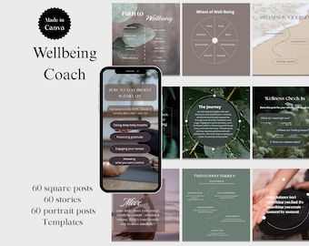 Paquete de publicaciones de Instagram para coaches de bienestar, plantillas editables de Canva para bienestar holístico, sanación, autocuidado y mindfulness en redes sociales.